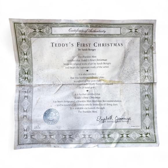Vtg Franklin Mint Heirloom Teddy's First Christmas Limited Ed. Collectors Plate - Picture 6 of 6